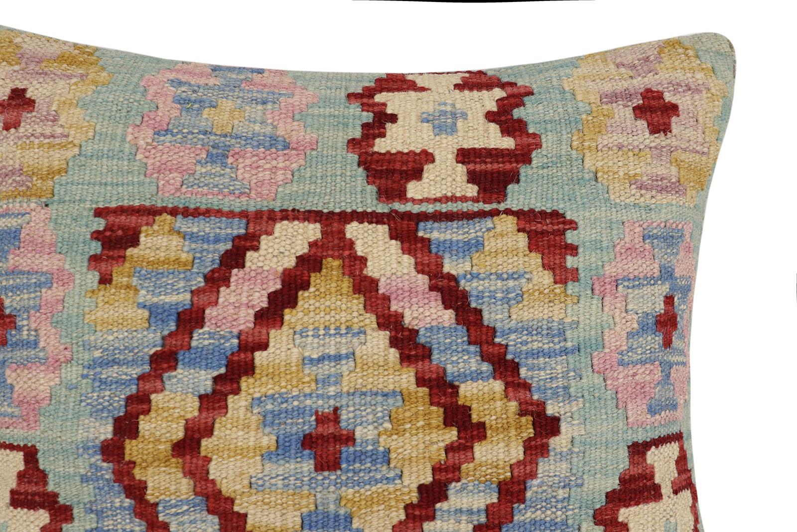 handmade Traditional Pillow Blue Red Hand-Woven SQUARE 100% WOOL Hand woven turkish pillow2 x 2