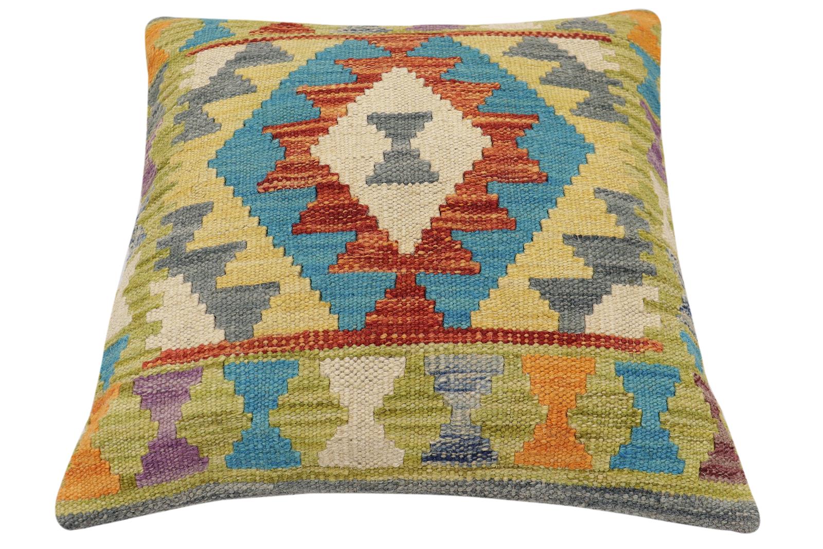 handmade Traditional Pillow Rust Blue Hand-Woven SQUARE 100% WOOL Hand woven turkish pillow2 x 2