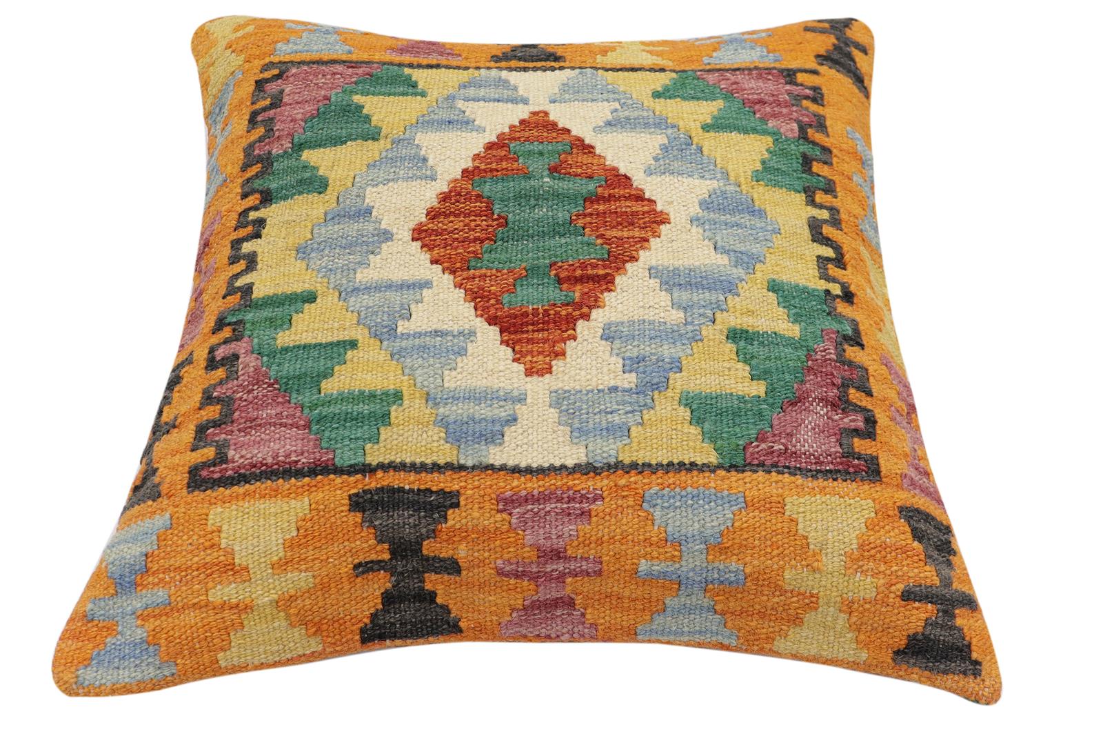 handmade Traditional Pillow Rust Blue Hand-Woven SQUARE 100% WOOL Hand woven turkish pillow2 x 2