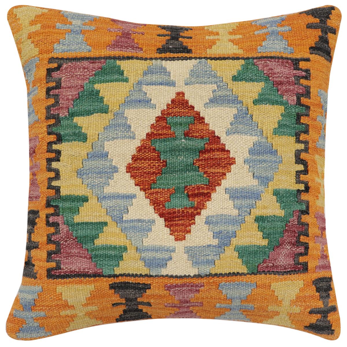 handmade Traditional Pillow Rust Blue Hand-Woven SQUARE 100% WOOL Hand woven turkish pillow2 x 2