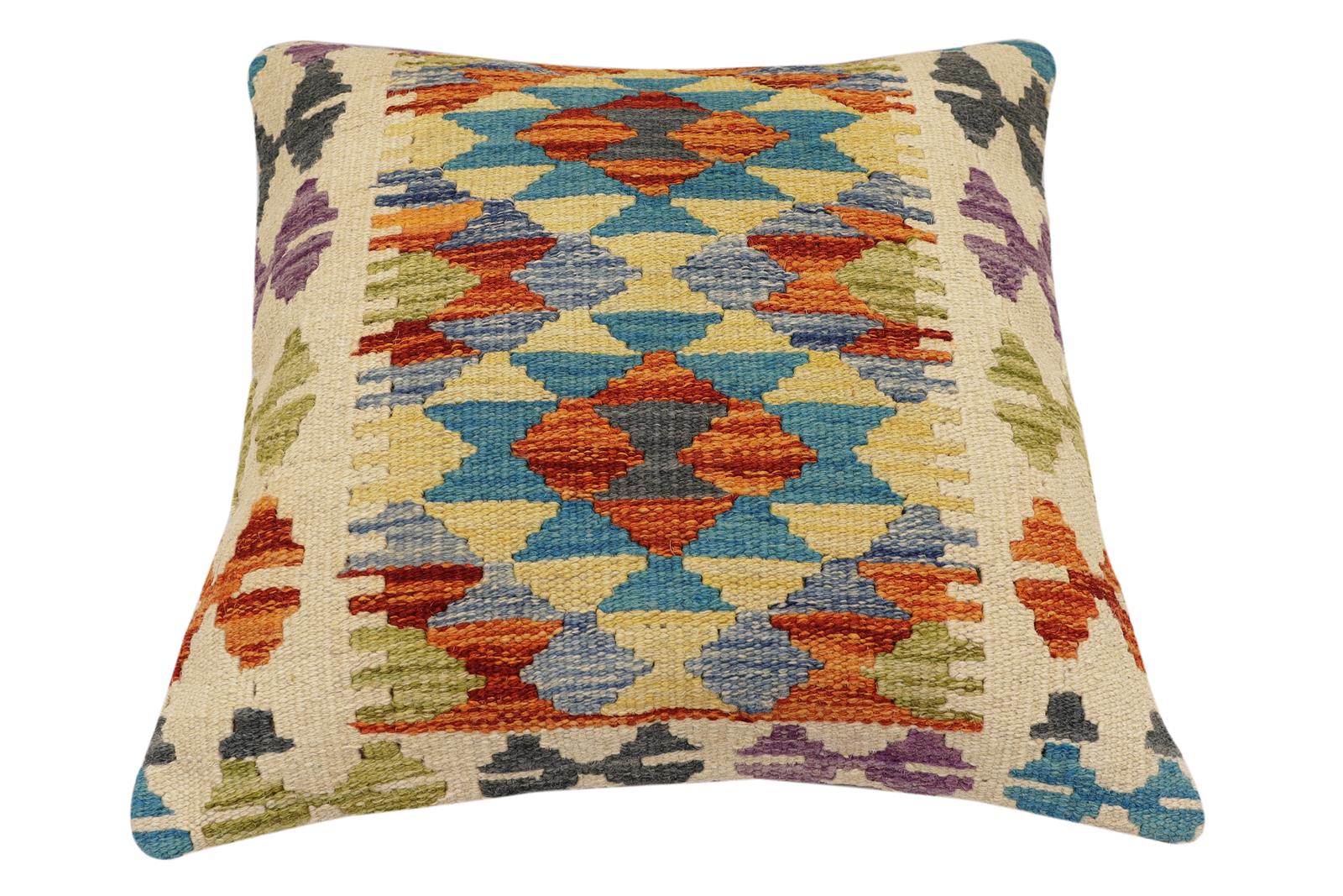 handmade Traditional Pillow Rust Blue Hand-Woven SQUARE 100% WOOL Hand woven turkish pillow2 x 2