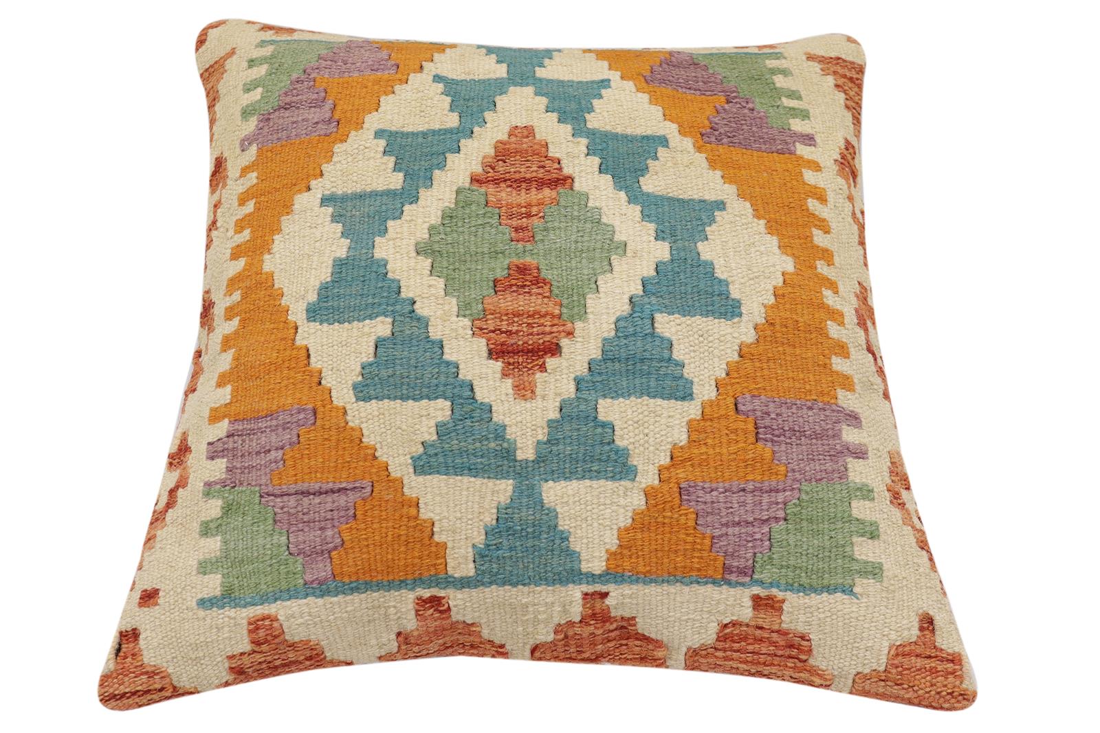 handmade Traditional Pillow Rust Blue Hand-Woven SQUARE 100% WOOL Hand woven turkish pillow2 x 2