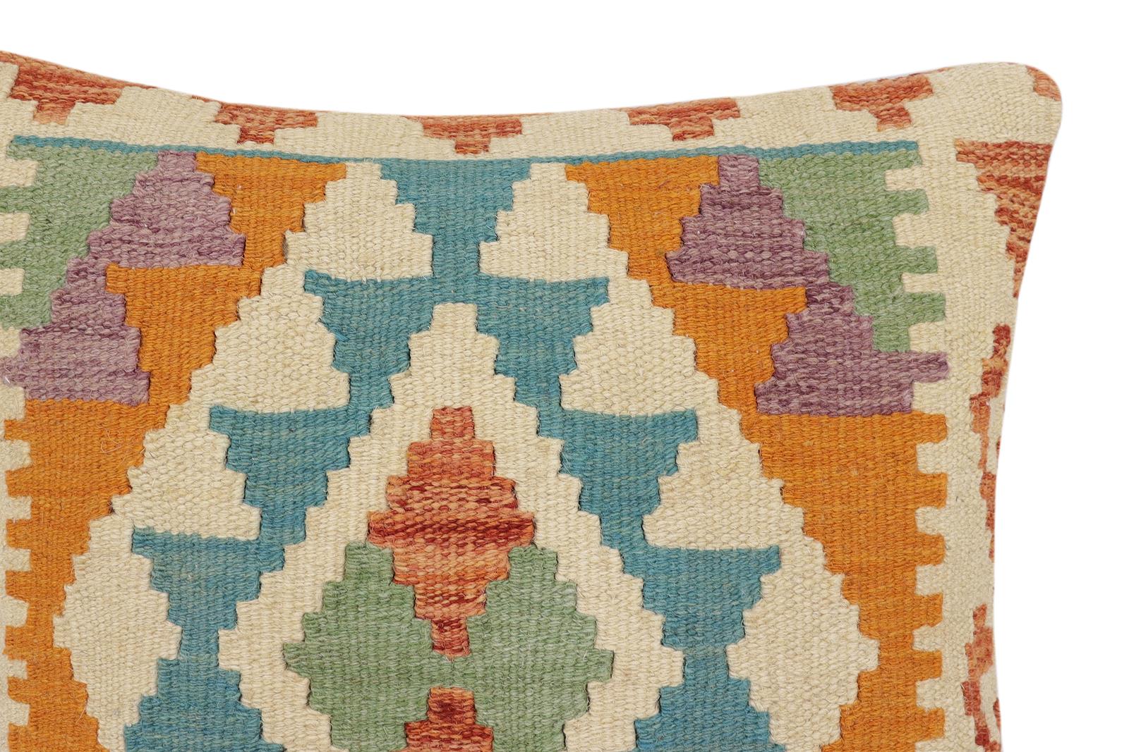 handmade Traditional Pillow Rust Blue Hand-Woven SQUARE 100% WOOL Hand woven turkish pillow2 x 2