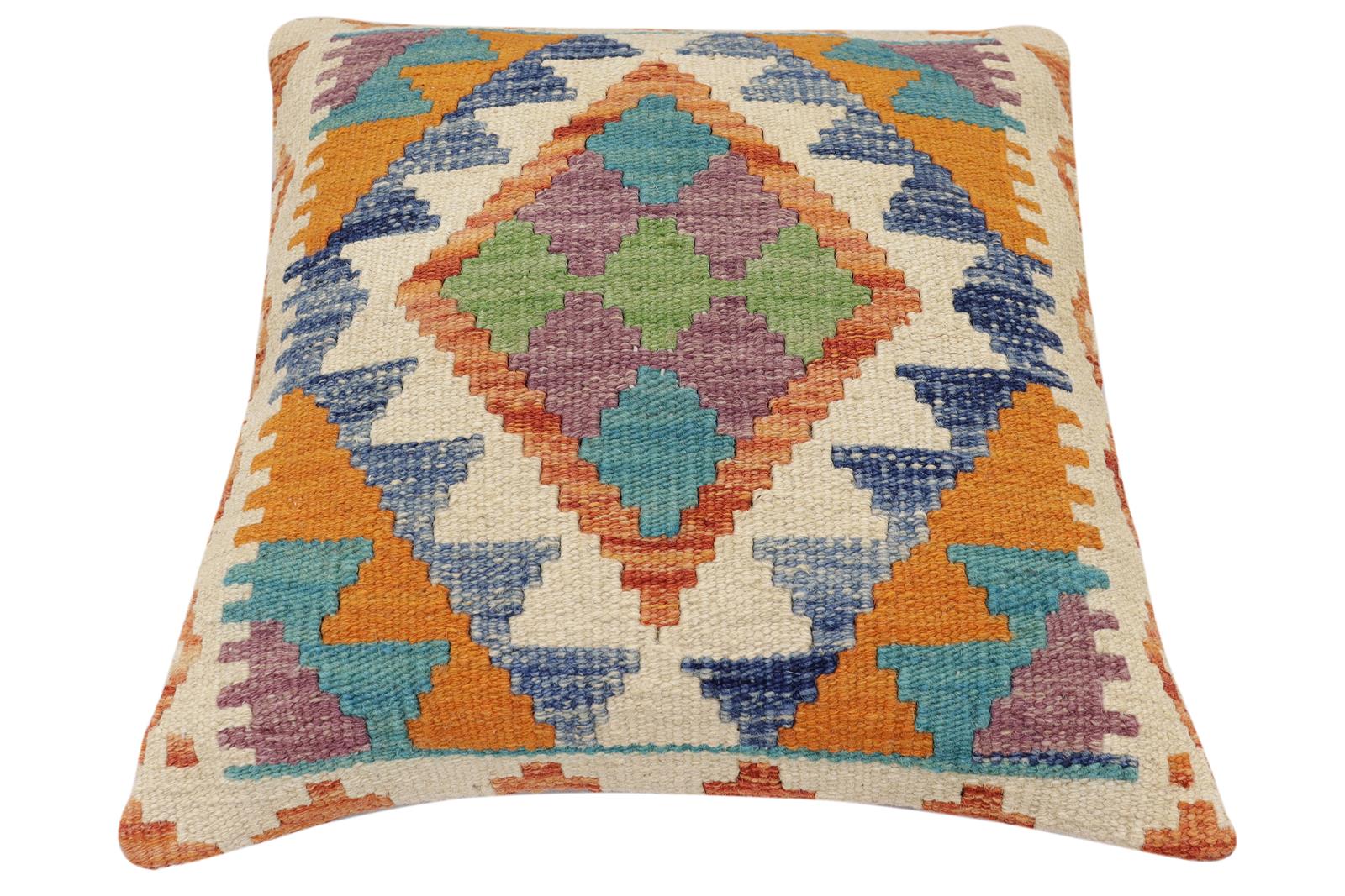 handmade Traditional Pillow Rust Blue Hand-Woven SQUARE 100% WOOL Hand woven turkish pillow2 x 2