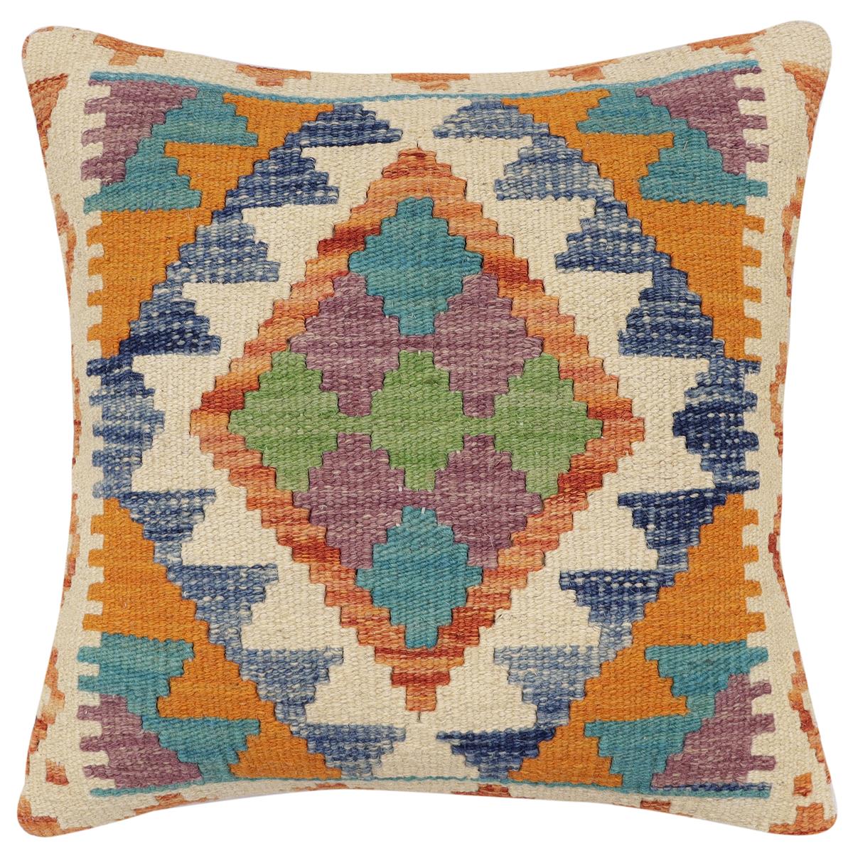 handmade Traditional Pillow Rust Blue Hand-Woven SQUARE 100% WOOL Hand woven turkish pillow2 x 2
