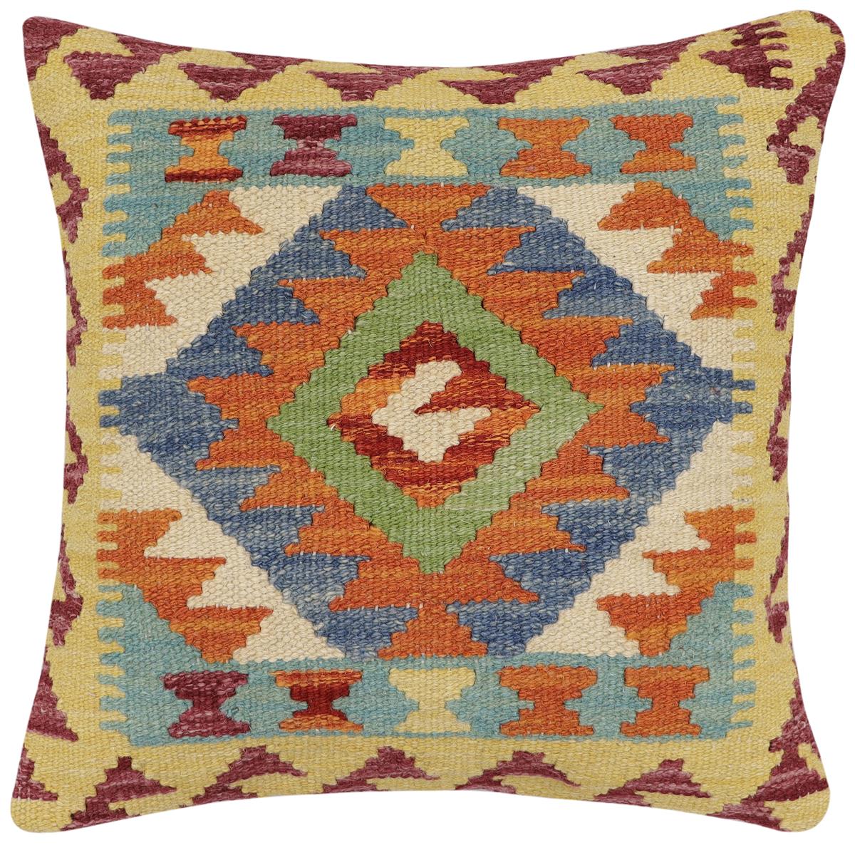 handmade Traditional Pillow Rust Blue Hand-Woven SQUARE 100% WOOL Hand woven turkish pillow2 x 2