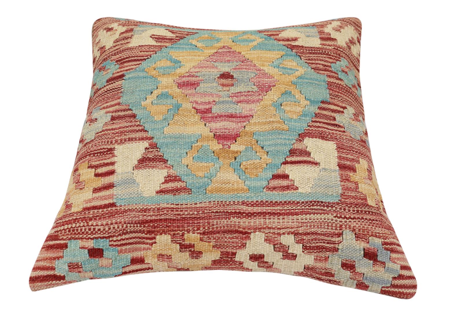 handmade Traditional Pillow Red Blue Hand-Woven SQUARE 100% WOOL Hand woven turkish pillow2 x 2