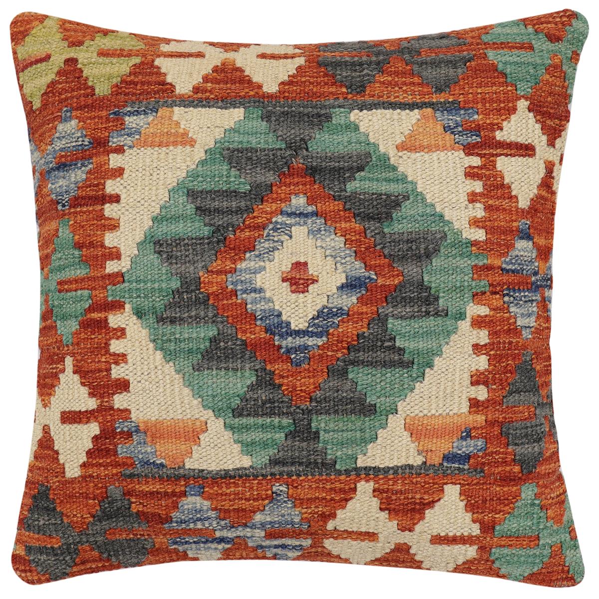 handmade Traditional Pillow Rust Blue Hand-Woven SQUARE 100% WOOL Hand woven turkish pillow2 x 2