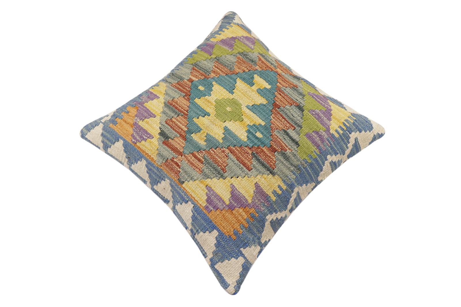 handmade Traditional Pillow Blue Beige Hand-made SQUARE 100% WOOL Hand woven turkish pillow2 x 2