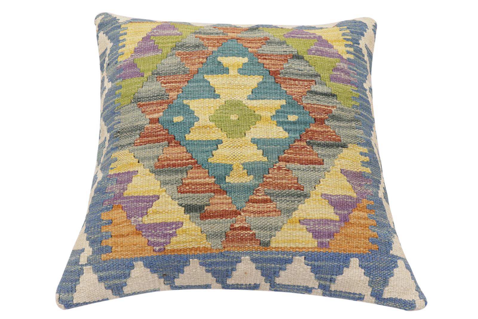 handmade Traditional Pillow Blue Beige Hand-made SQUARE 100% WOOL Hand woven turkish pillow2 x 2