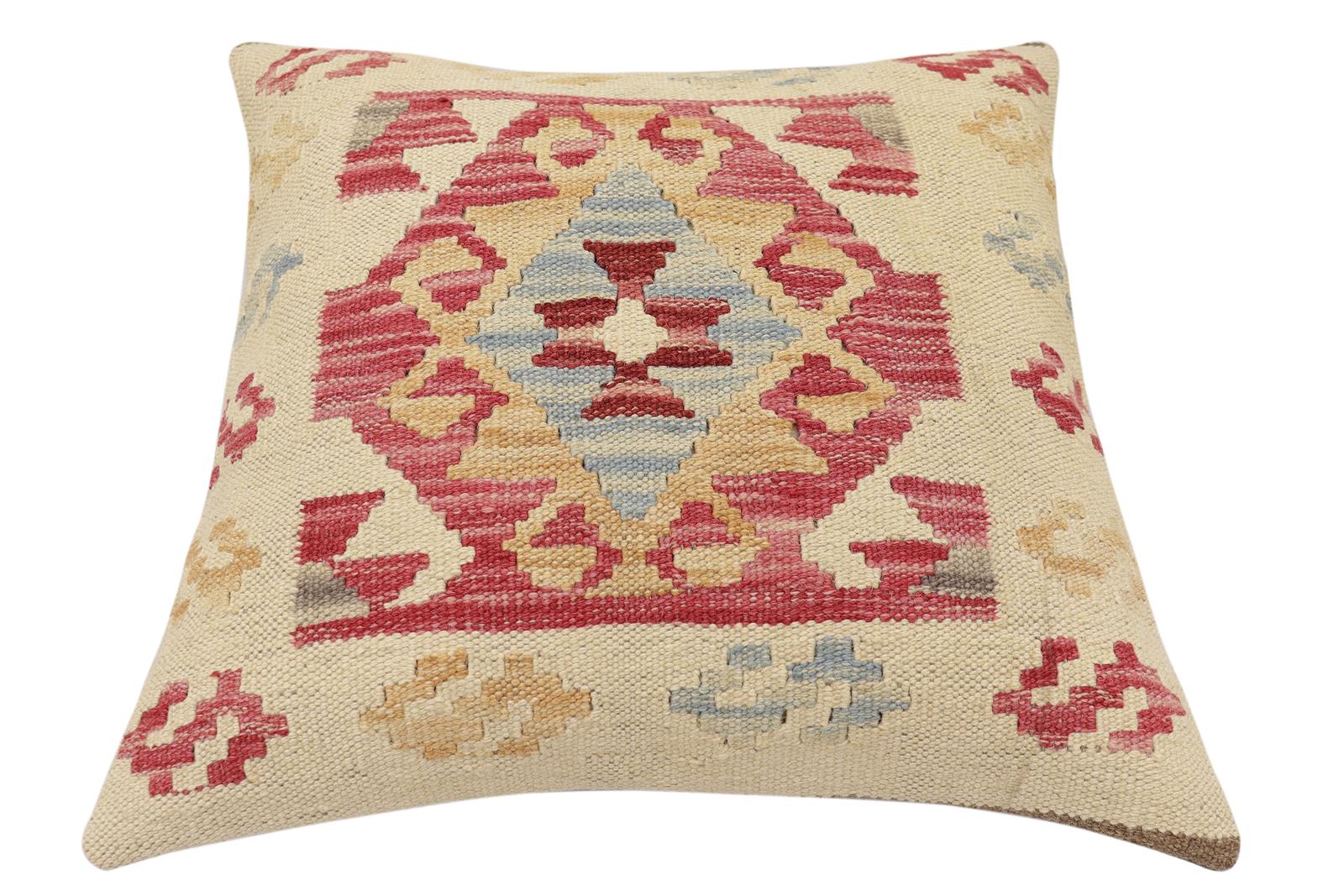 handmade Traditional Pillow Beige Red Hand-made SQUARE 100% WOOL Hand woven turkish pillow2 x 2