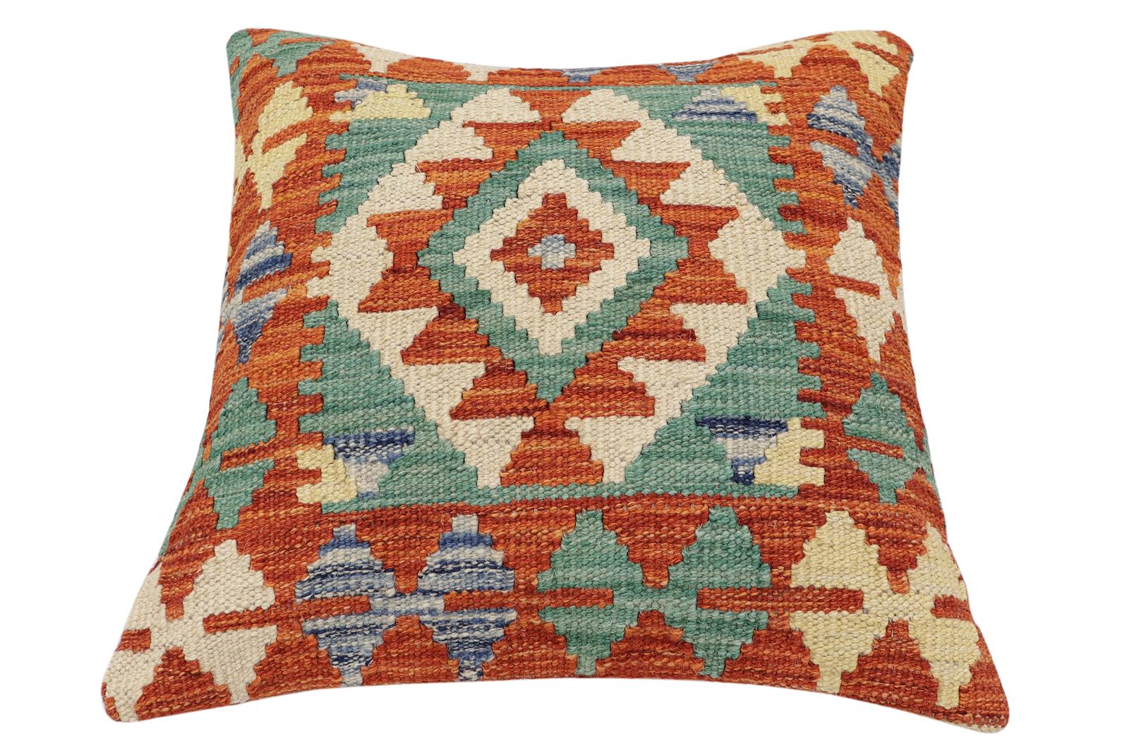 handmade Traditional Pillow Rust Blue Hand-made SQUARE 100% WOOL Hand woven turkish pillow2 x 2