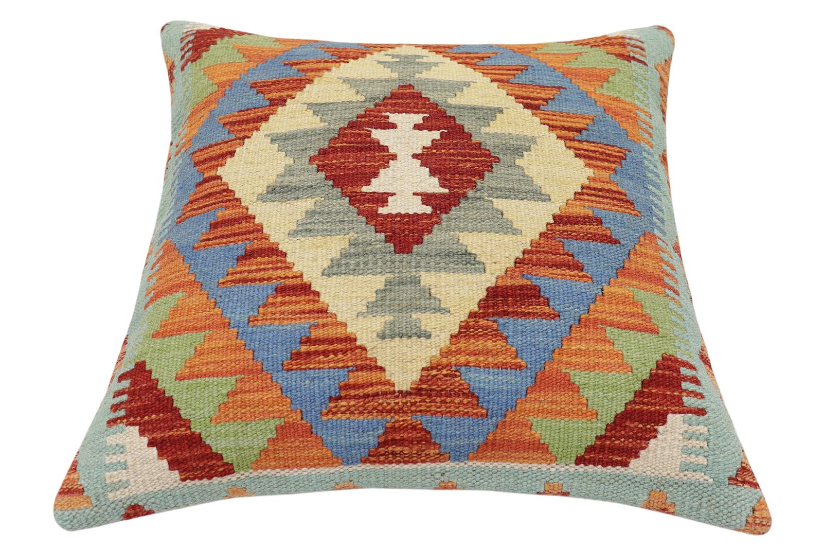 handmade Traditional Pillow Rust Blue Hand-made SQUARE 100% WOOL Hand woven turkish pillow2 x 2