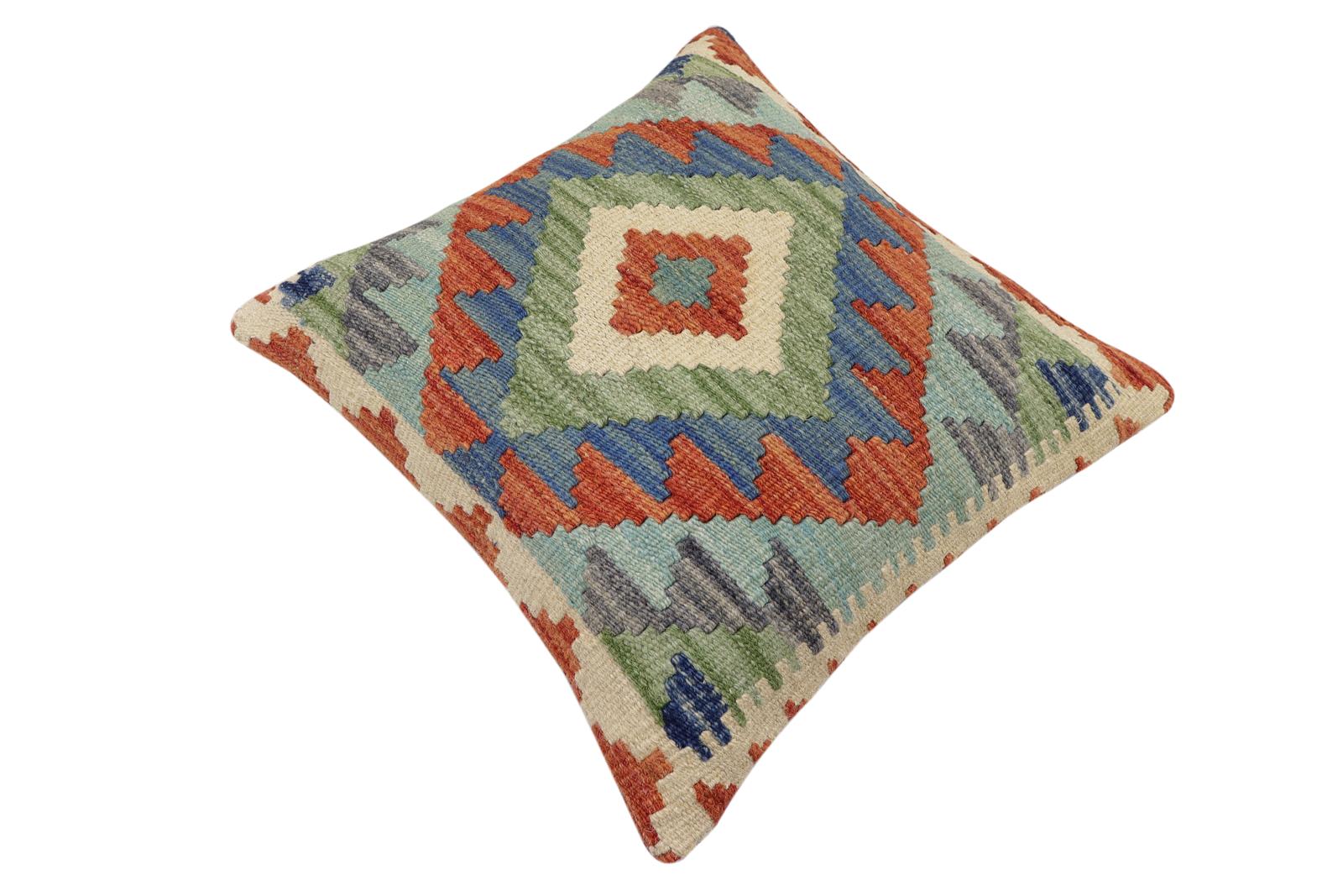 handmade Traditional Pillow Rust Blue Hand-Woven SQUARE 100% WOOL Hand woven turkish pillow2 x 2