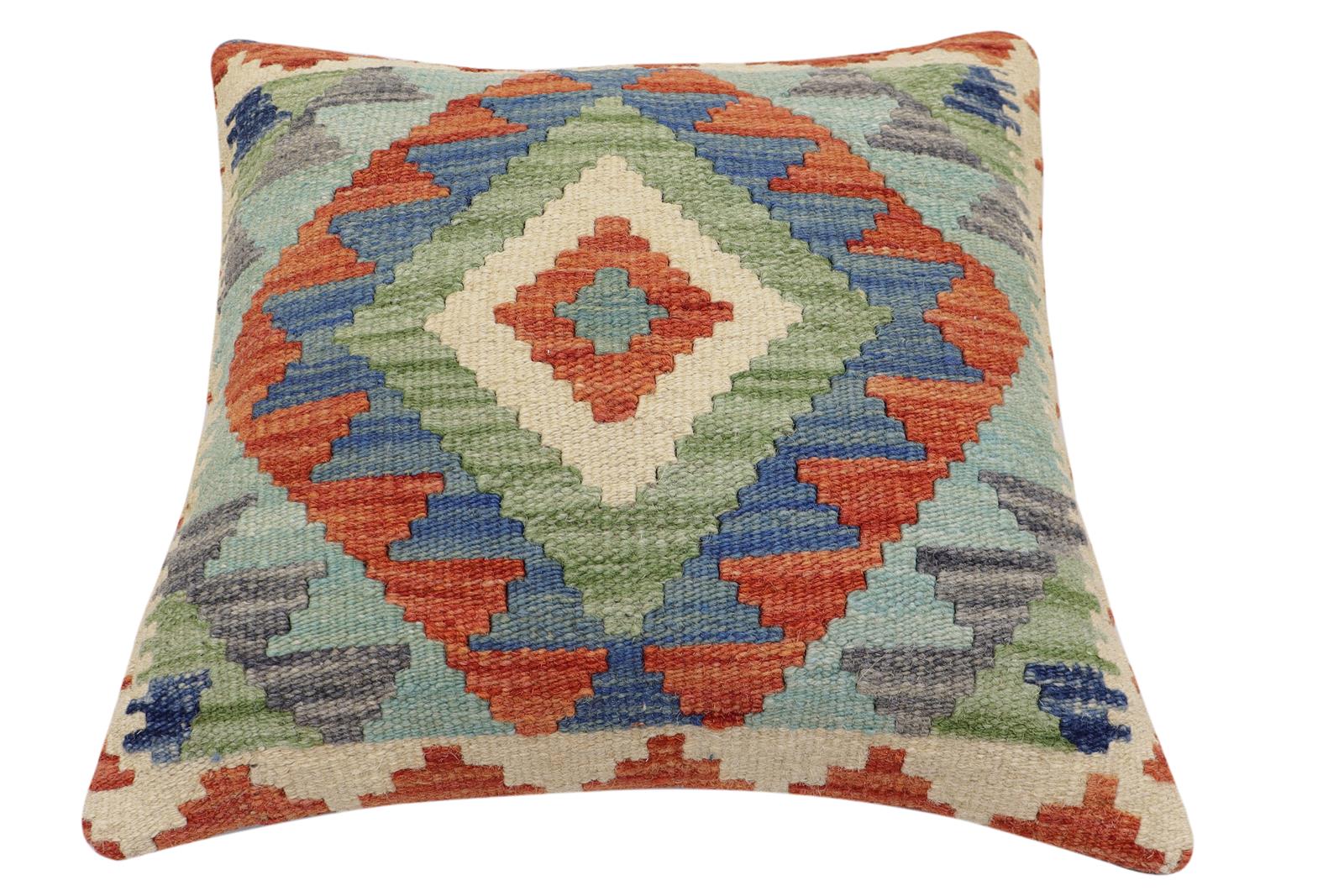 handmade Traditional Pillow Rust Blue Hand-Woven SQUARE 100% WOOL Hand woven turkish pillow2 x 2