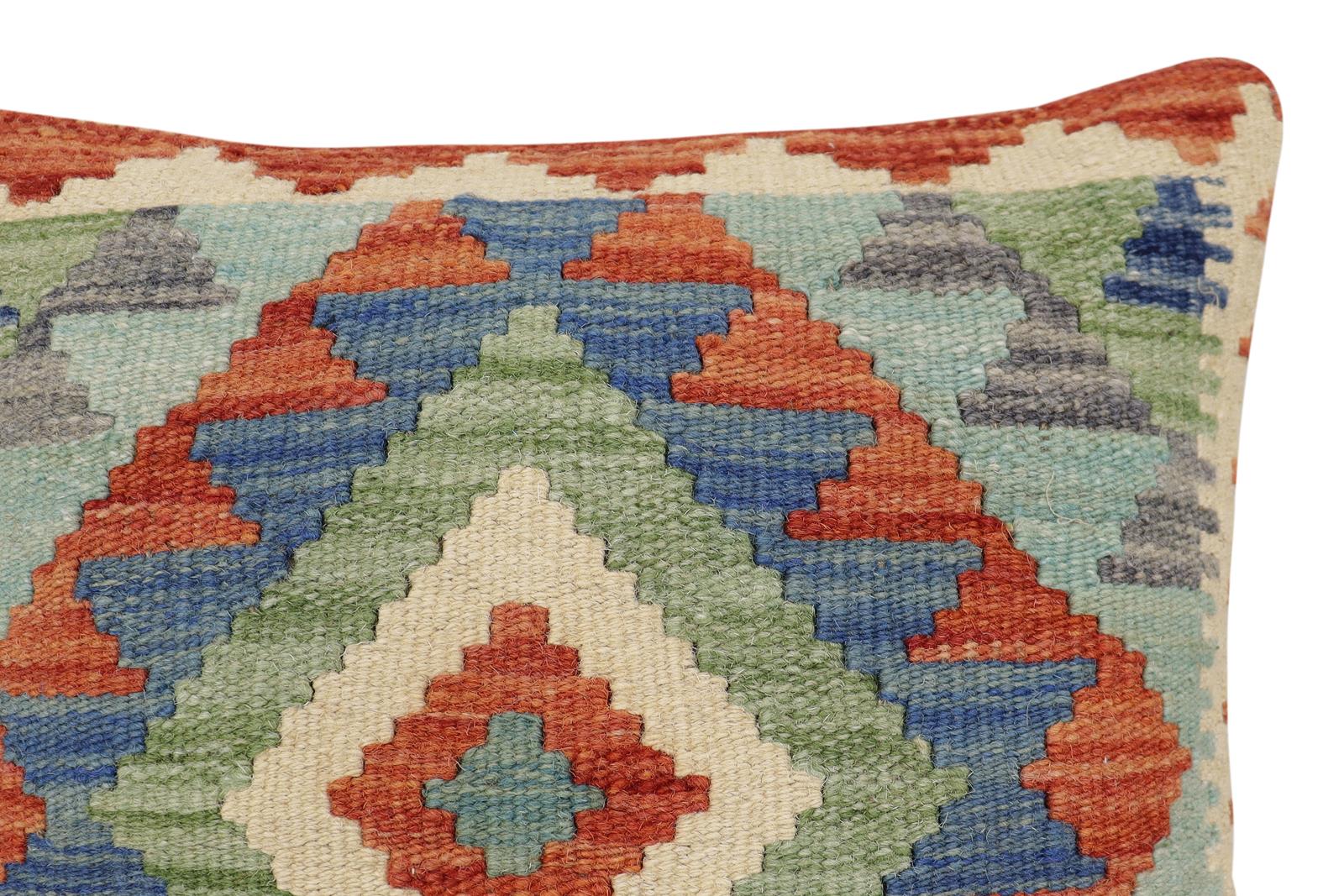 handmade Traditional Pillow Rust Blue Hand-Woven SQUARE 100% WOOL Hand woven turkish pillow2 x 2