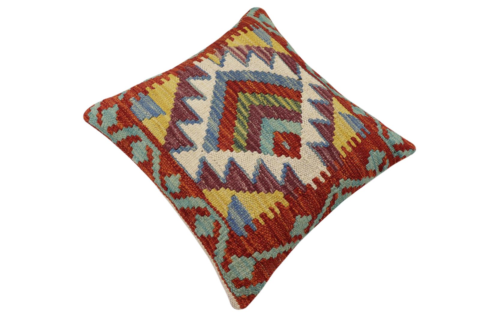 handmade Traditional Pillow Rust Blue Hand-Woven SQUARE 100% WOOL Hand woven turkish pillow2 x 2
