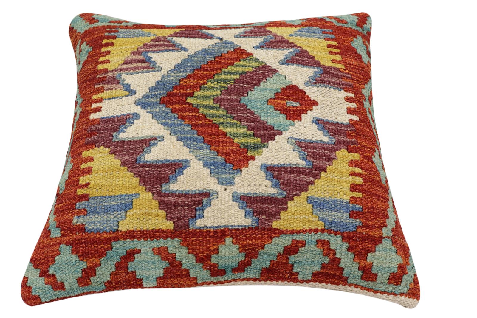 handmade Traditional Pillow Rust Blue Hand-Woven SQUARE 100% WOOL Hand woven turkish pillow2 x 2