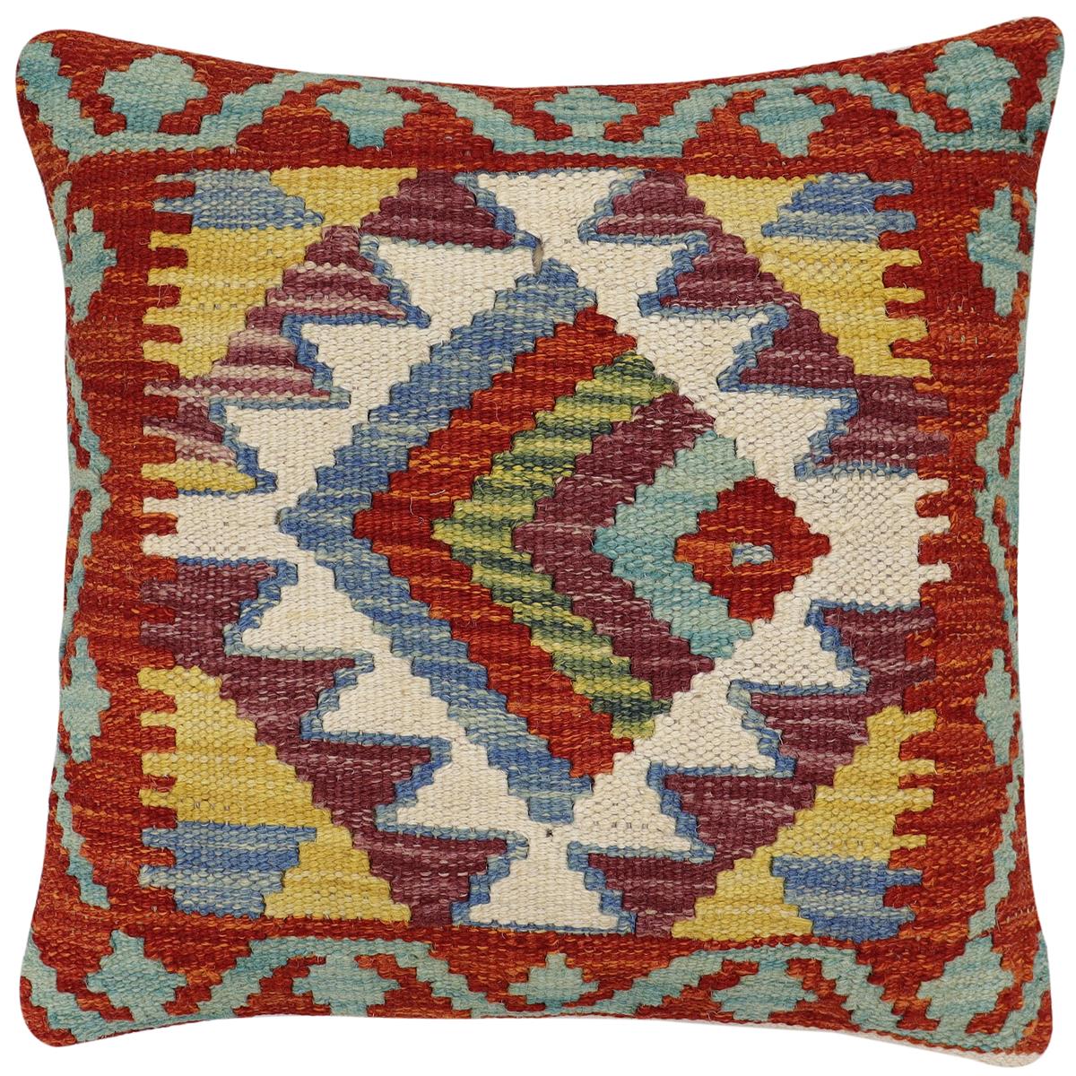 handmade Traditional Pillow Rust Blue Hand-Woven SQUARE 100% WOOL Hand woven turkish pillow2 x 2