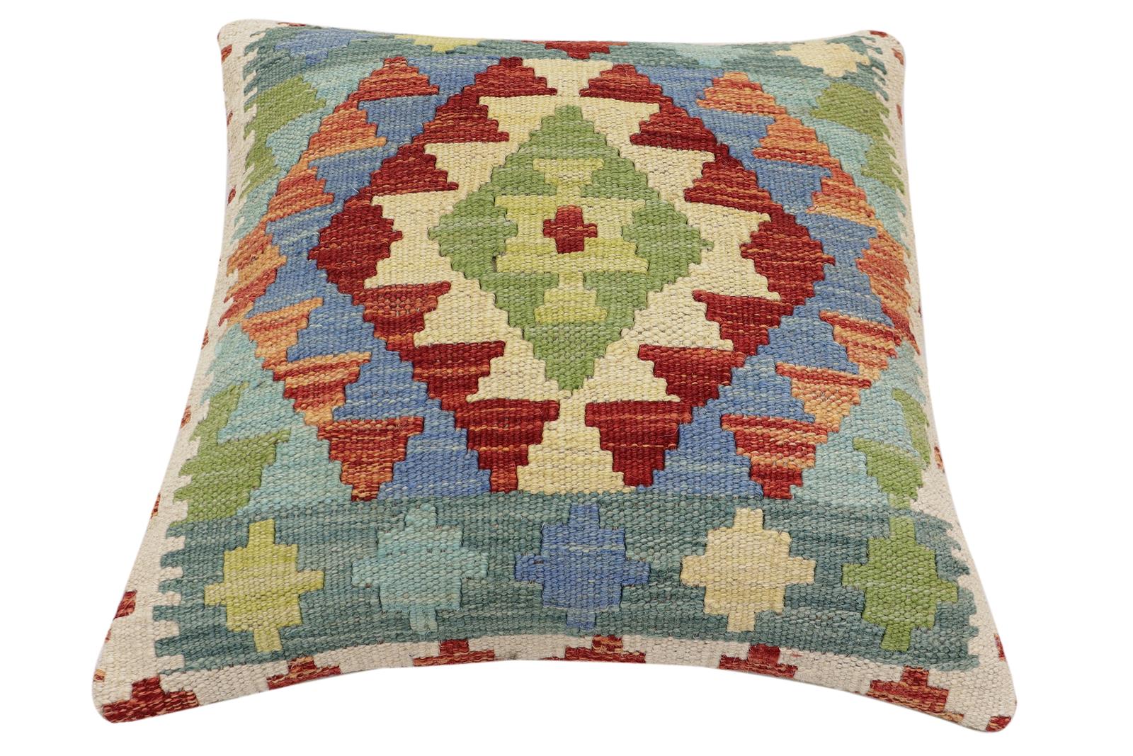 handmade Traditional Pillow Rust Blue Hand-Woven SQUARE 100% WOOL Hand woven turkish pillow2 x 2