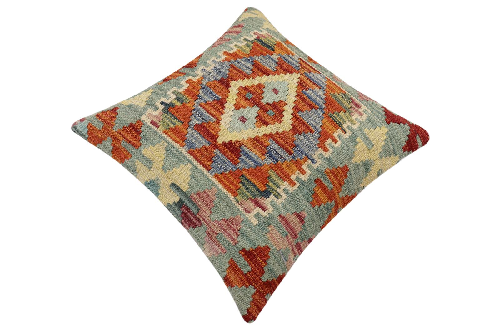 handmade Traditional Pillow Rust Blue Hand-Woven SQUARE 100% WOOL Hand woven turkish pillow2 x 2