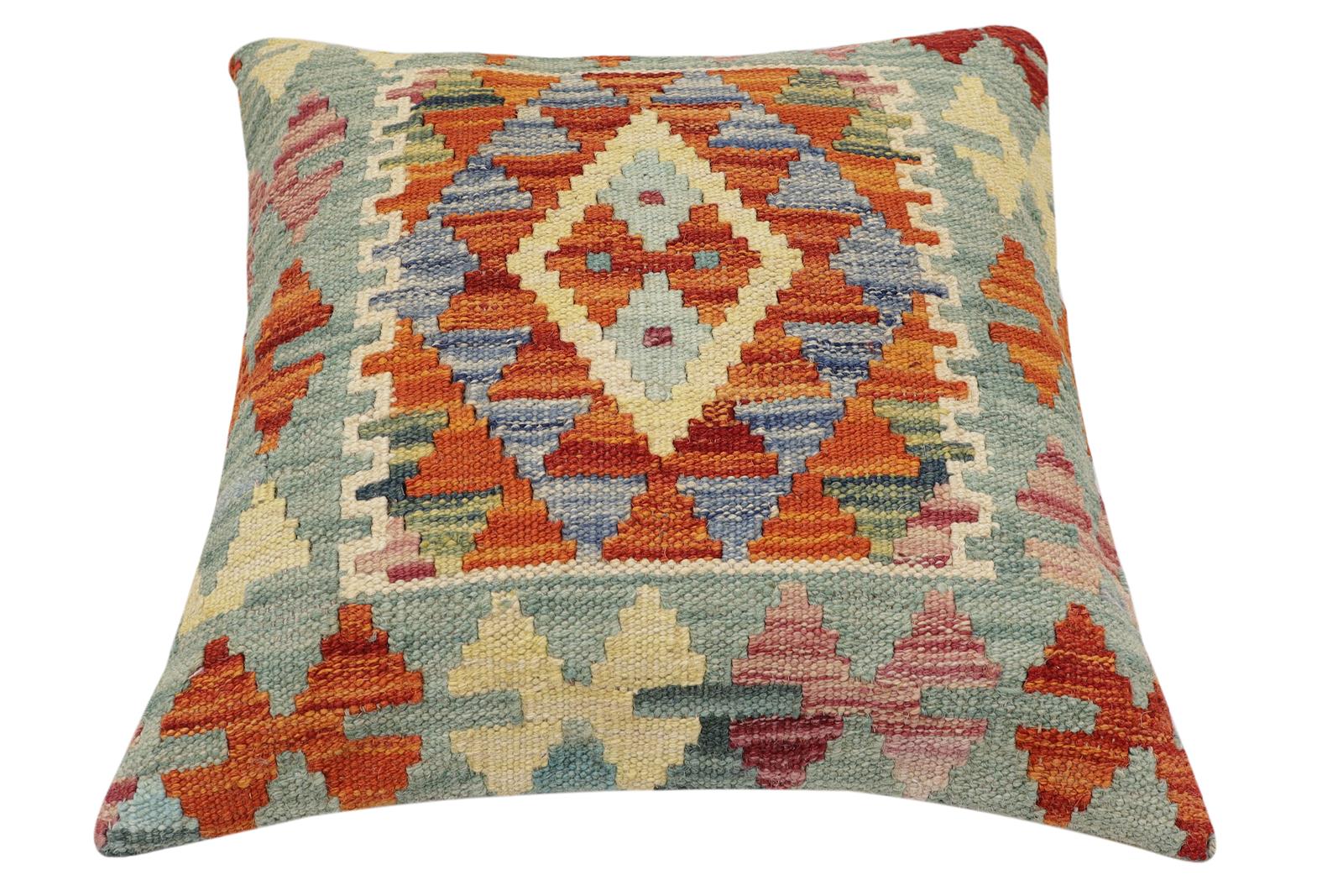 handmade Traditional Pillow Rust Blue Hand-Woven SQUARE 100% WOOL Hand woven turkish pillow2 x 2