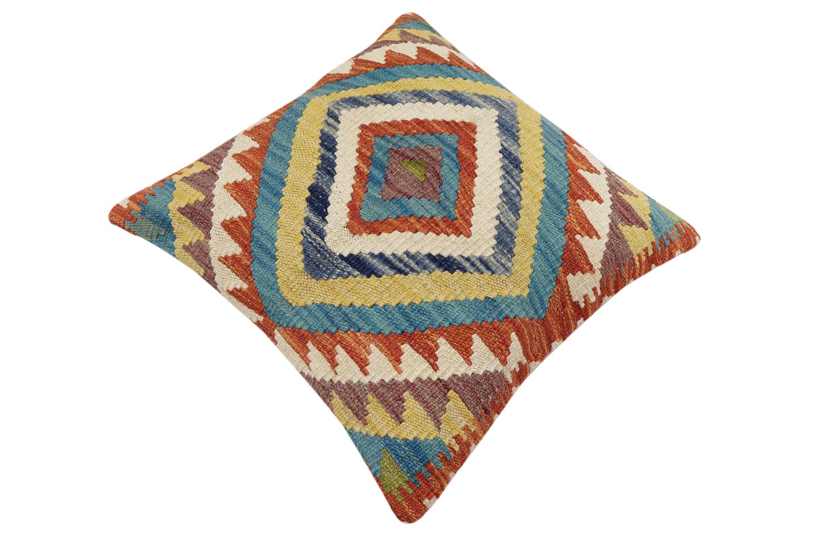 handmade Traditional Pillow Rust Blue Hand-Woven SQUARE 100% WOOL Hand woven turkish pillow2 x 2