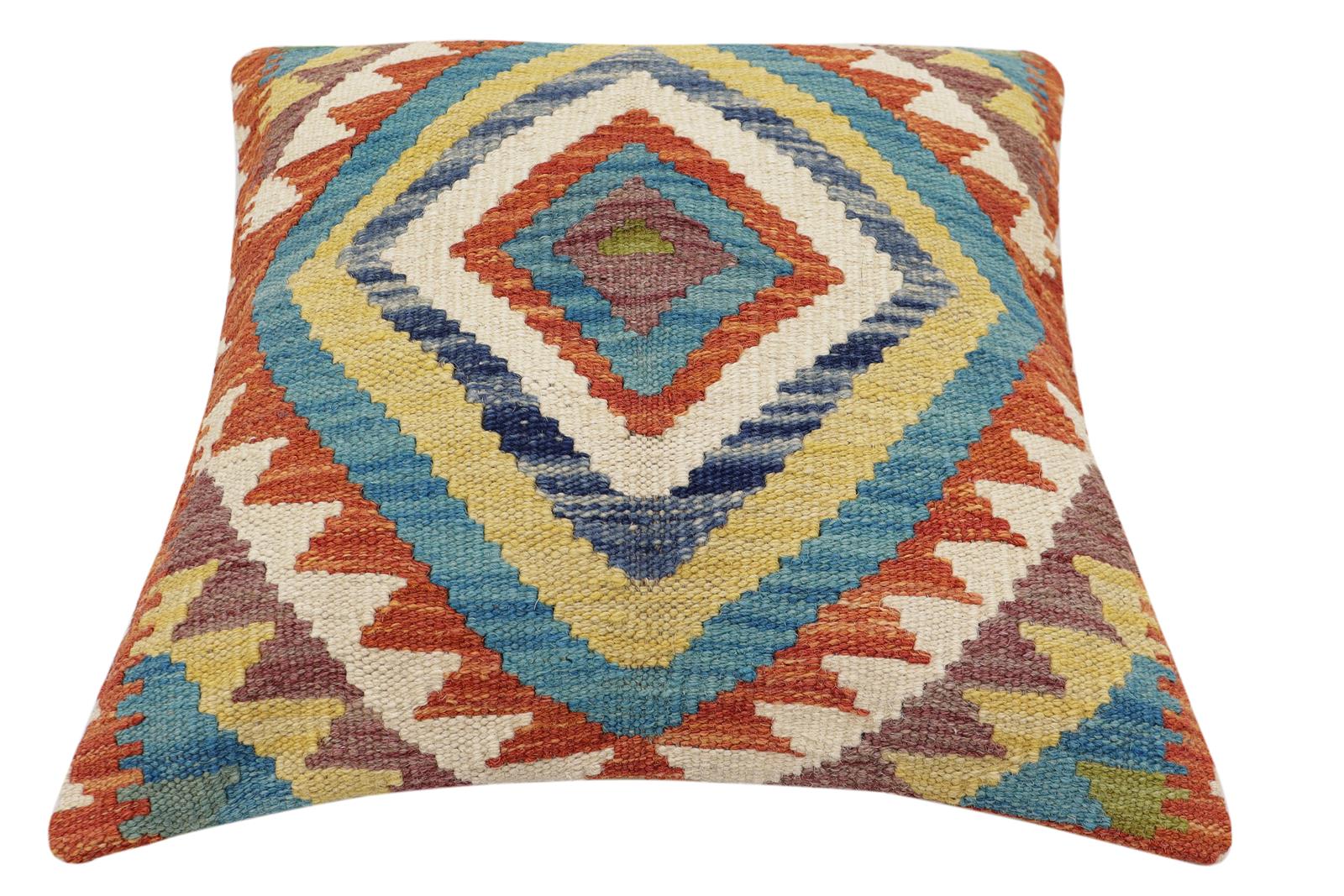 handmade Traditional Pillow Rust Blue Hand-Woven SQUARE 100% WOOL Hand woven turkish pillow2 x 2