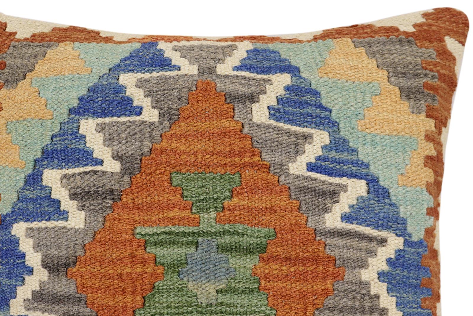 handmade Traditional Pillow Rust Blue Hand-Woven SQUARE 100% WOOL  Hand woven turkish pillow  2 x 2