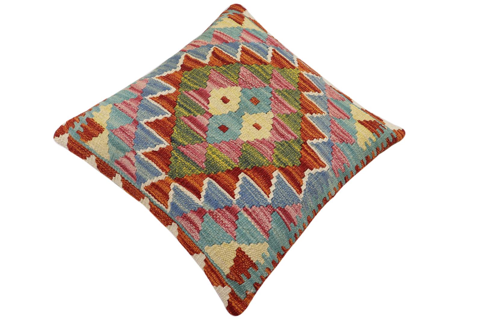 handmade Traditional Pillow Rust Blue Hand-Woven SQUARE 100% WOOL Hand woven turkish pillow2 x 2