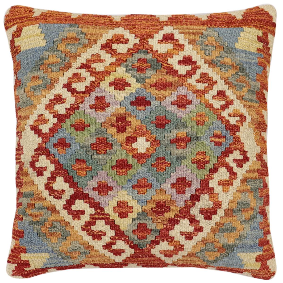 handmade Traditional Pillow Rust Blue Hand-Woven SQUARE 100% WOOL Hand woven turkish pillow2 x 2