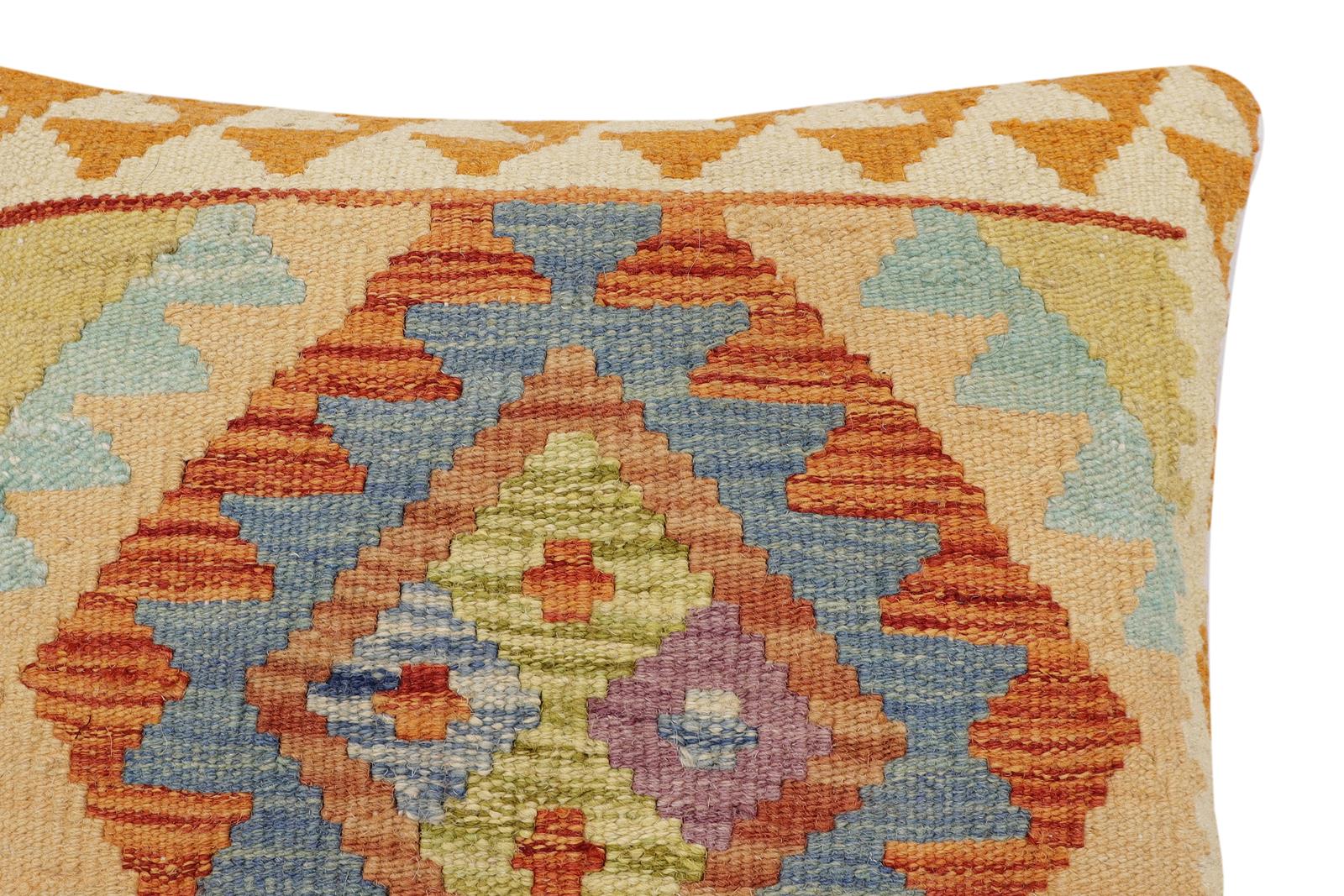 handmade Traditional Pillow Rust Blue Hand-Woven SQUARE 100% WOOL  Hand woven turkish pillow  2 x 2