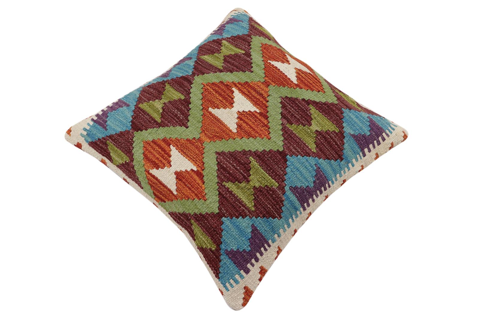 handmade Traditional Pillow Rust Blue Hand-Woven SQUARE 100% WOOL  Hand woven turkish pillow  2 x 2