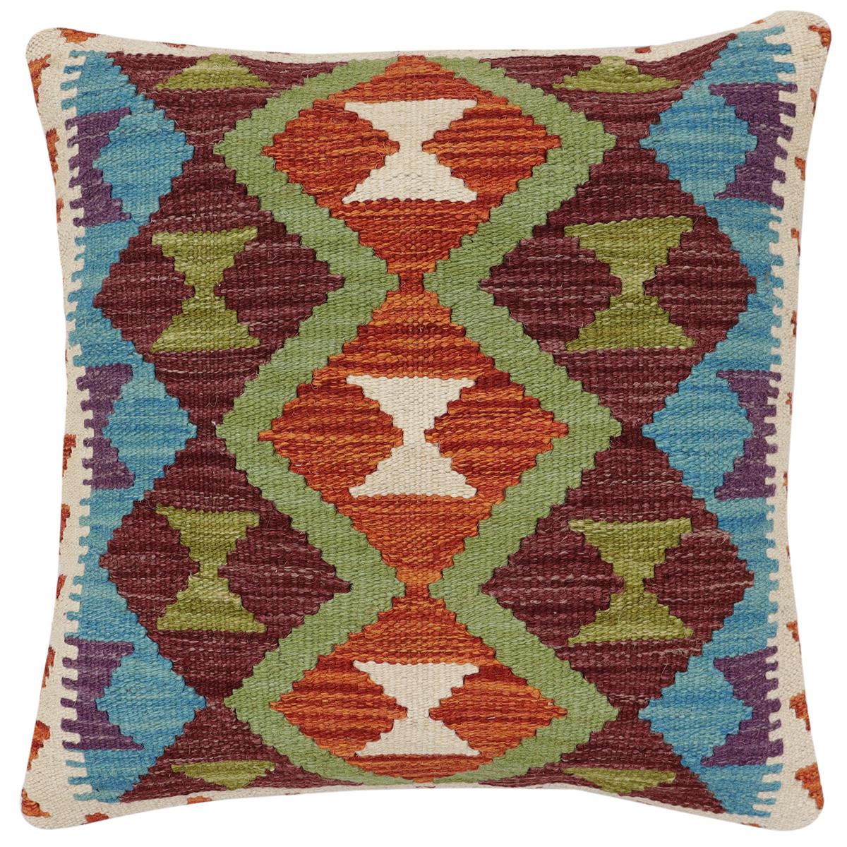 handmade Traditional Pillow Rust Blue Hand-Woven SQUARE 100% WOOL  Hand woven turkish pillow  2 x 2