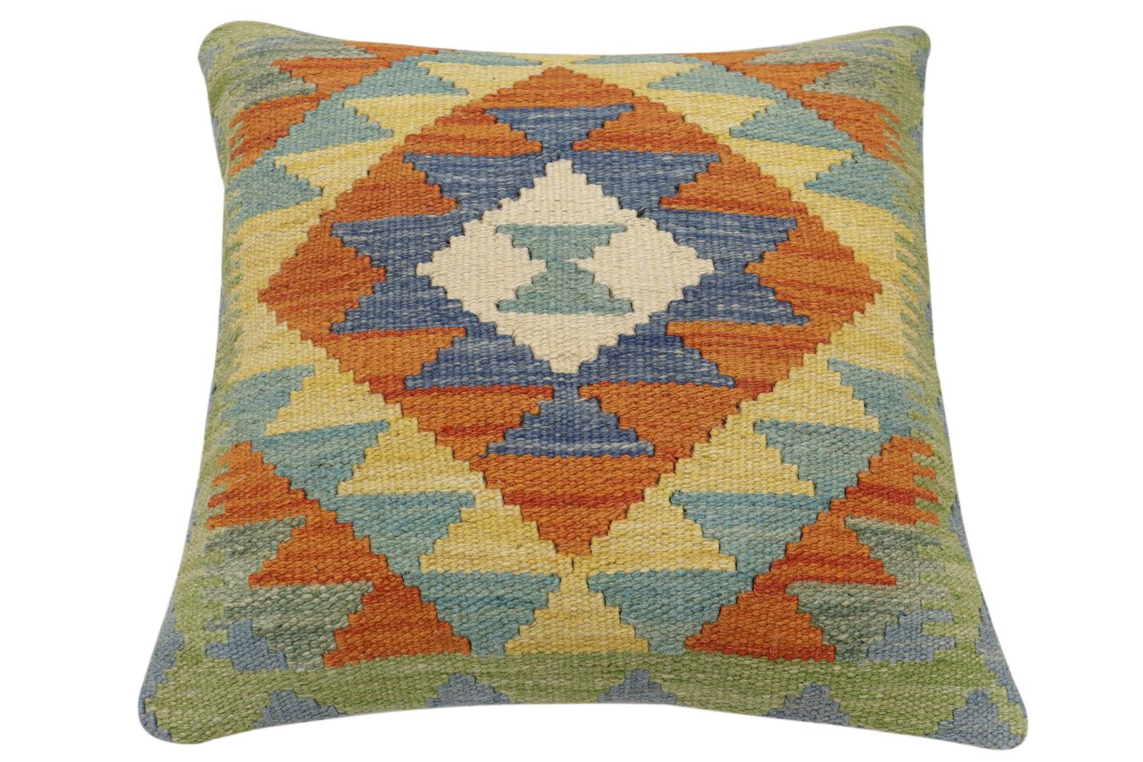 handmade Traditional Pillow Rust Blue Hand-Woven SQUARE 100% WOOL Hand woven turkish pillow2 x 2