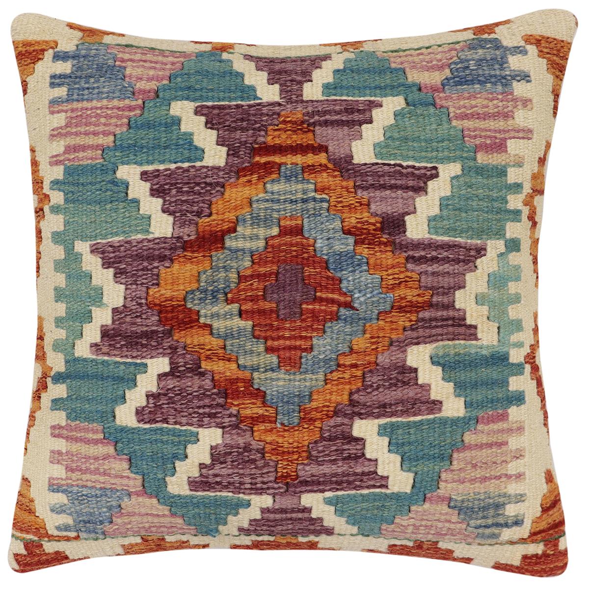 handmade Traditional Pillow Rust Blue Hand-Woven SQUARE 100% WOOL Hand woven turkish pillow2 x 2