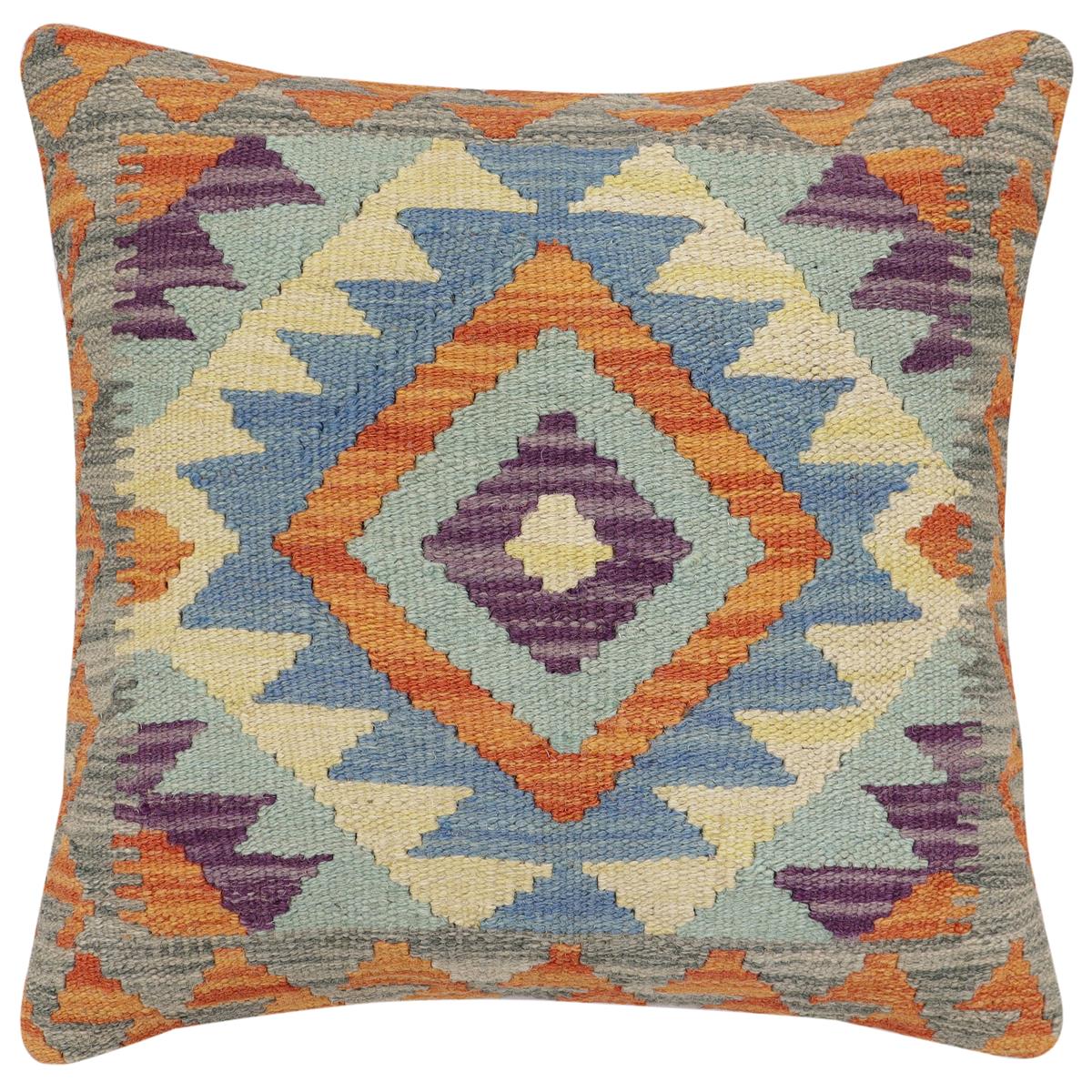 17x18 hand woven kilim throw pillow in rust, blue and gray - Tribal Montgome