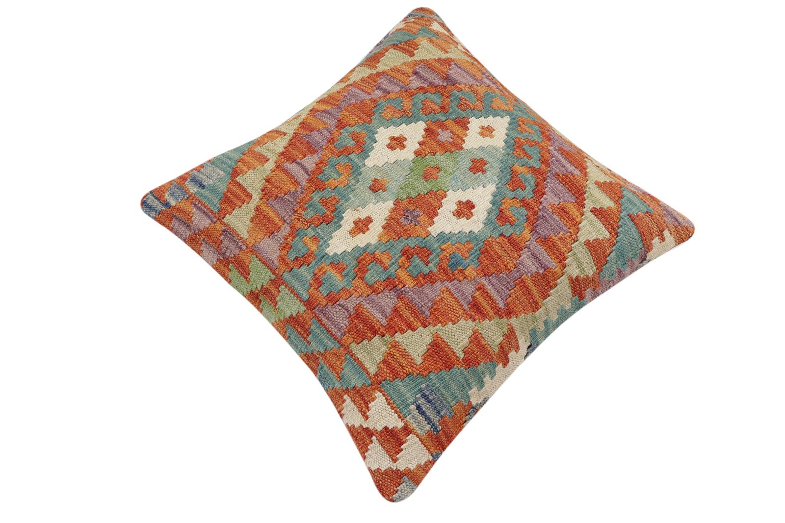 handmade Traditional Pillow Rust Blue Hand-Woven SQUARE 100% WOOL  Hand woven turkish pillow  2 x 2