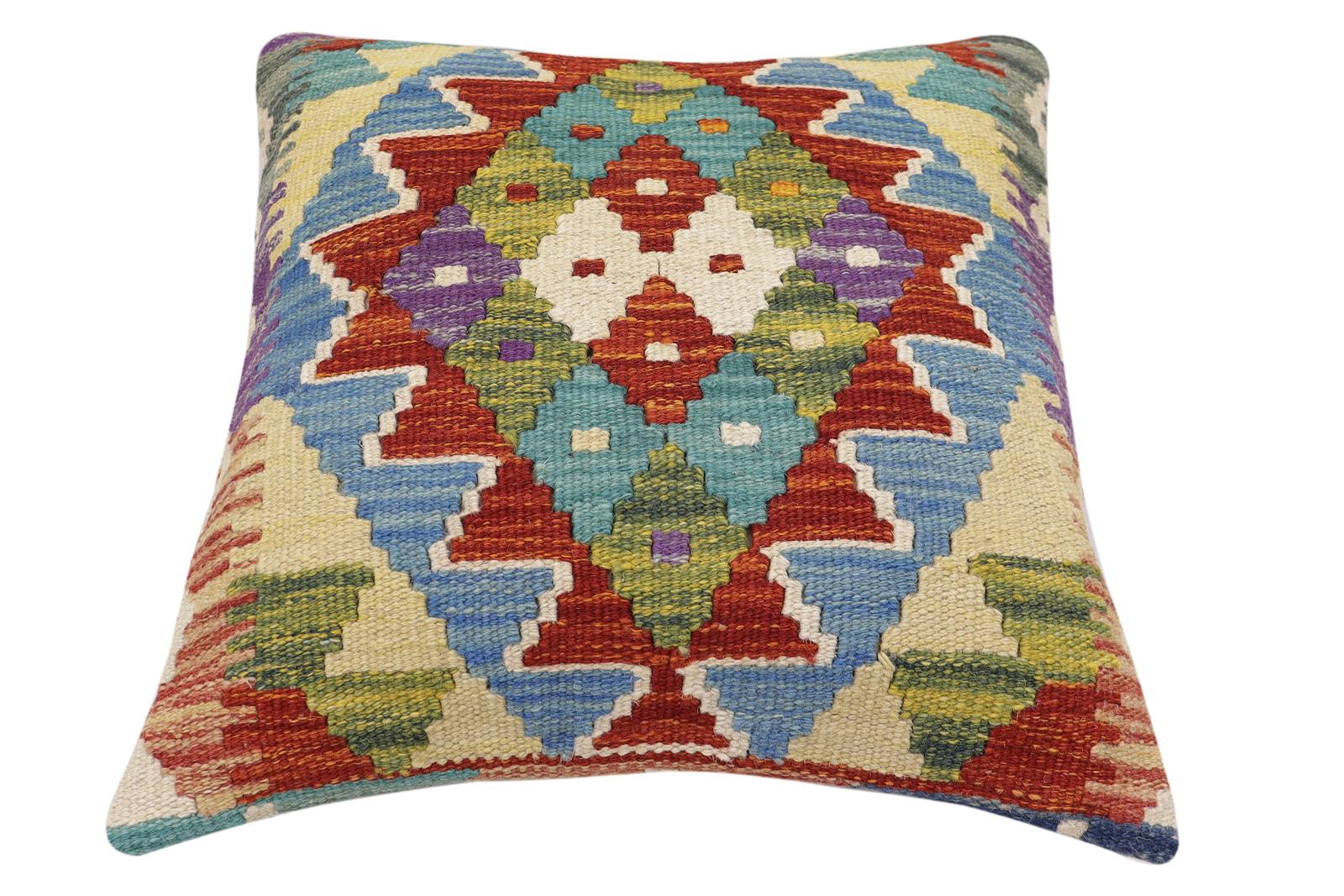 handmade Traditional Pillow Rust Blue Hand-Woven SQUARE 100% WOOL Hand woven turkish pillow2 x 2