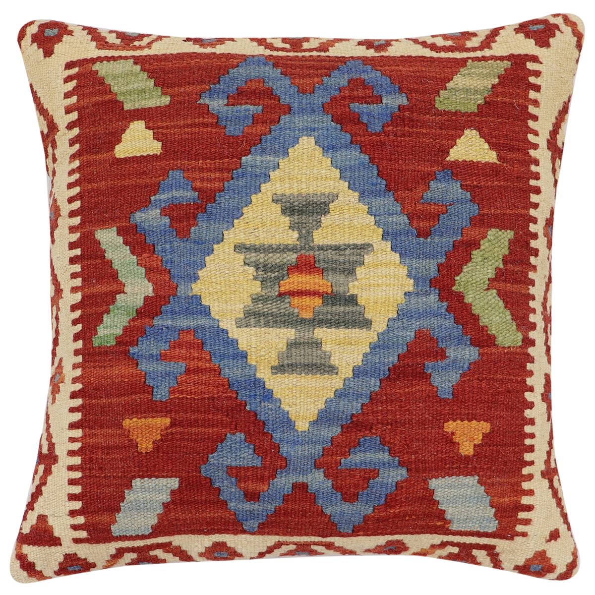 handmade Traditional Pillow Rust Blue Hand-Woven SQUARE 100% WOOL Hand woven turkish pillow2 x 2