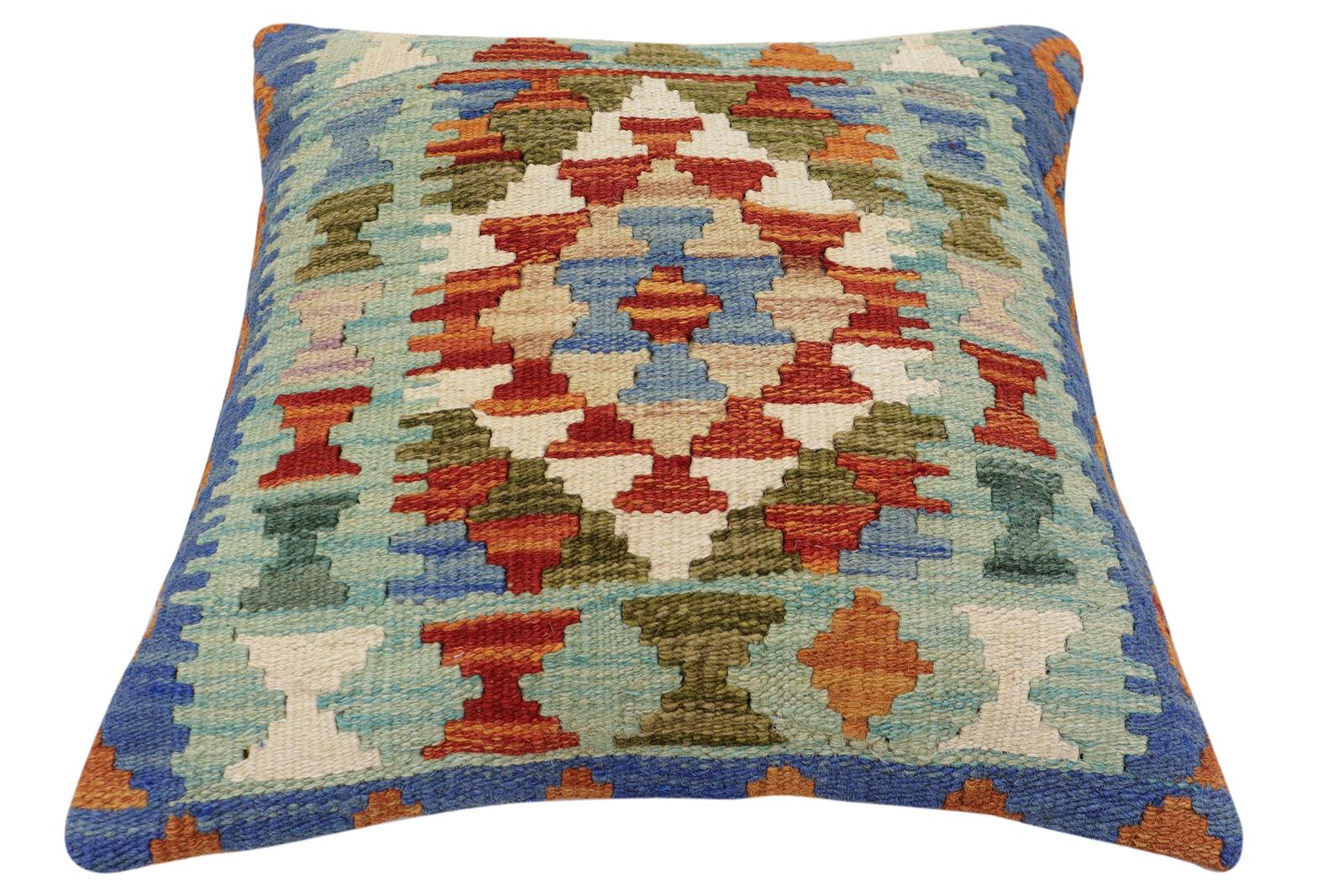 handmade Traditional Pillow Rust Blue Hand-Woven SQUARE 100% WOOL Hand woven turkish pillow2 x 2