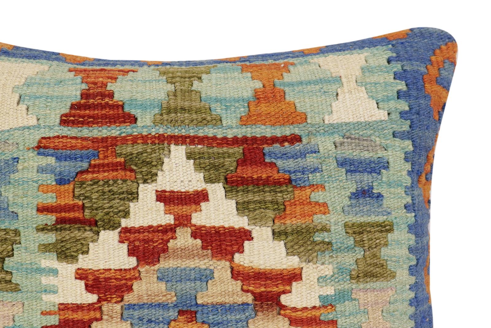 handmade Traditional Pillow Rust Blue Hand-Woven SQUARE 100% WOOL Hand woven turkish pillow2 x 2