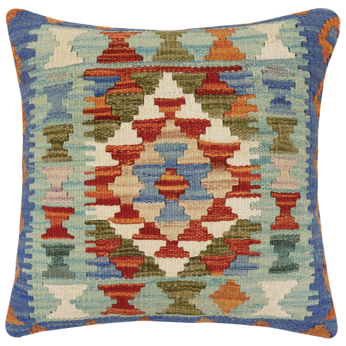 handmade Traditional Pillow Rust Blue Hand-Woven SQUARE 100% WOOL Hand woven turkish pillow2 x 2