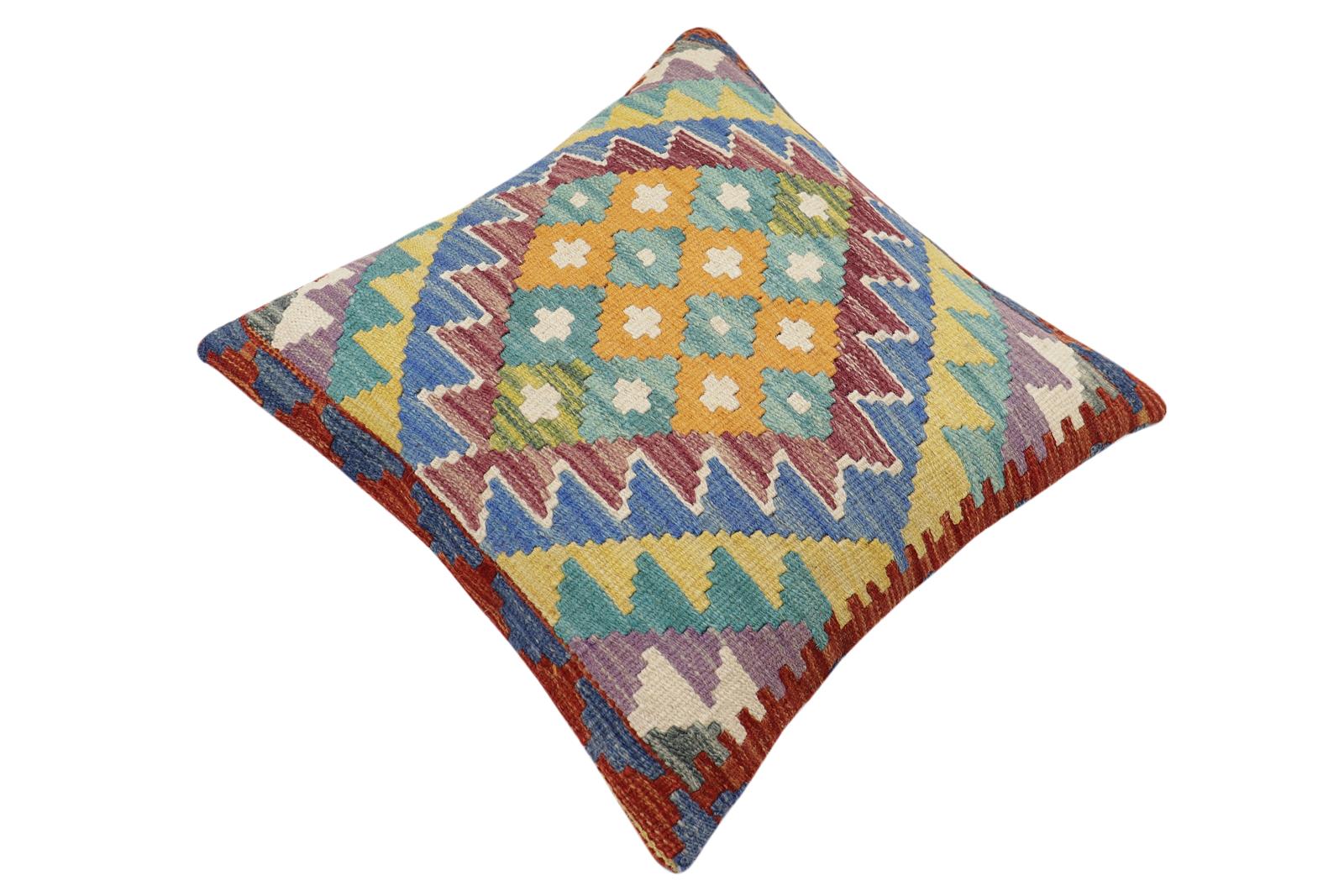 handmade Traditional Pillow Rust Blue Hand-Woven SQUARE 100% WOOL Hand woven turkish pillow2 x 2