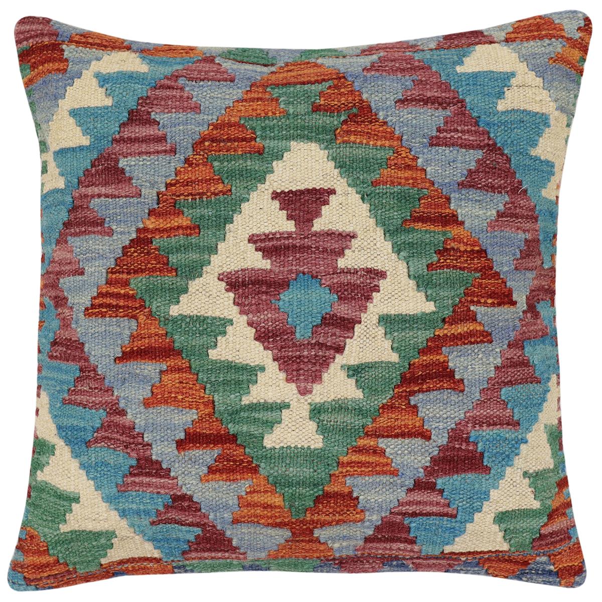 handmade Traditional Pillow Rust Blue Hand-Woven SQUARE 100% WOOL Hand woven turkish pillow2 x 2