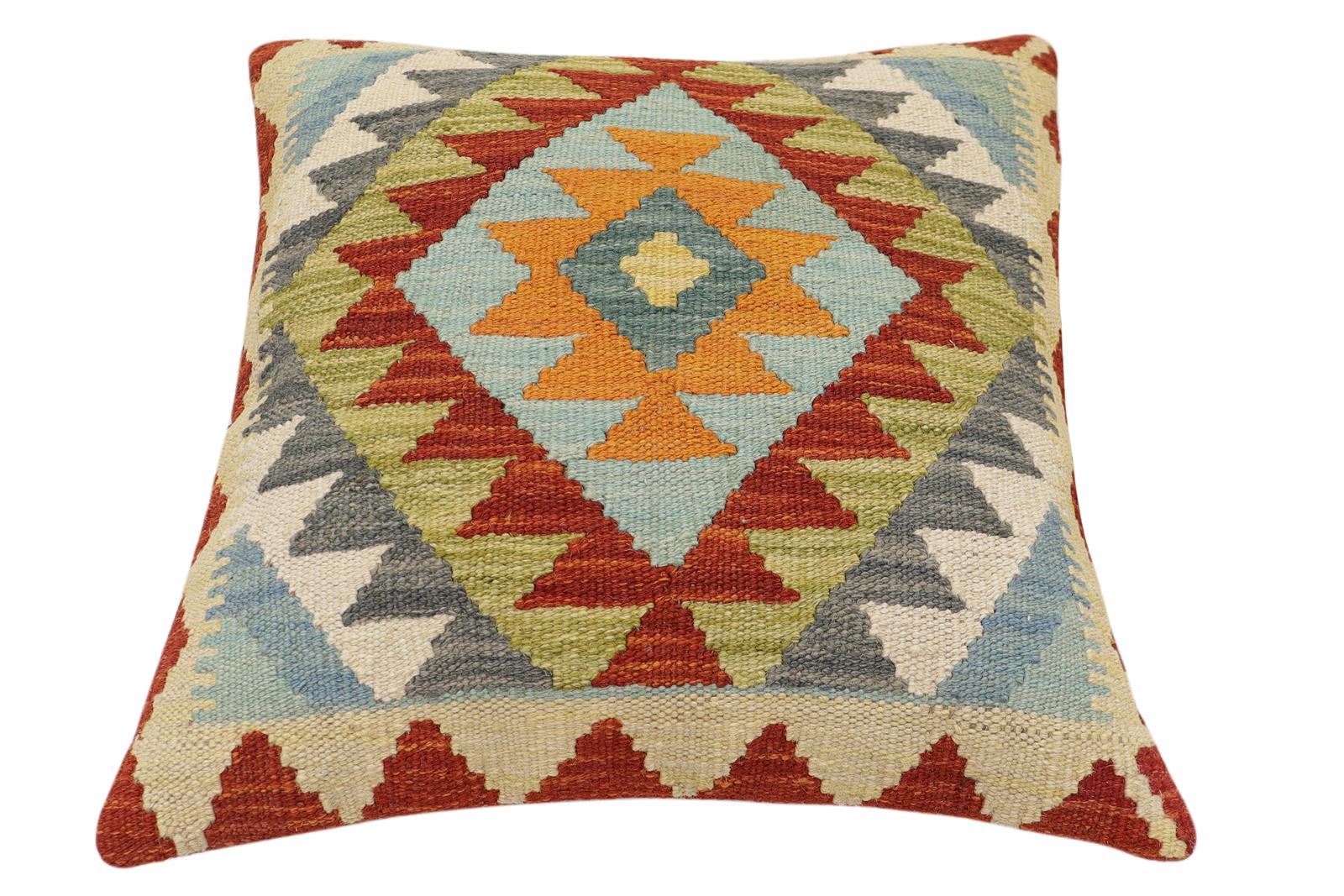 handmade Traditional Pillow Rust Blue Hand-Woven SQUARE 100% WOOL Hand woven turkish pillow2 x 2