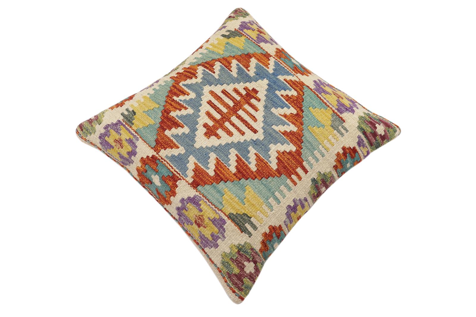 handmade Traditional Pillow Rust Blue Hand-Woven SQUARE 100% WOOL Hand woven turkish pillow2 x 2