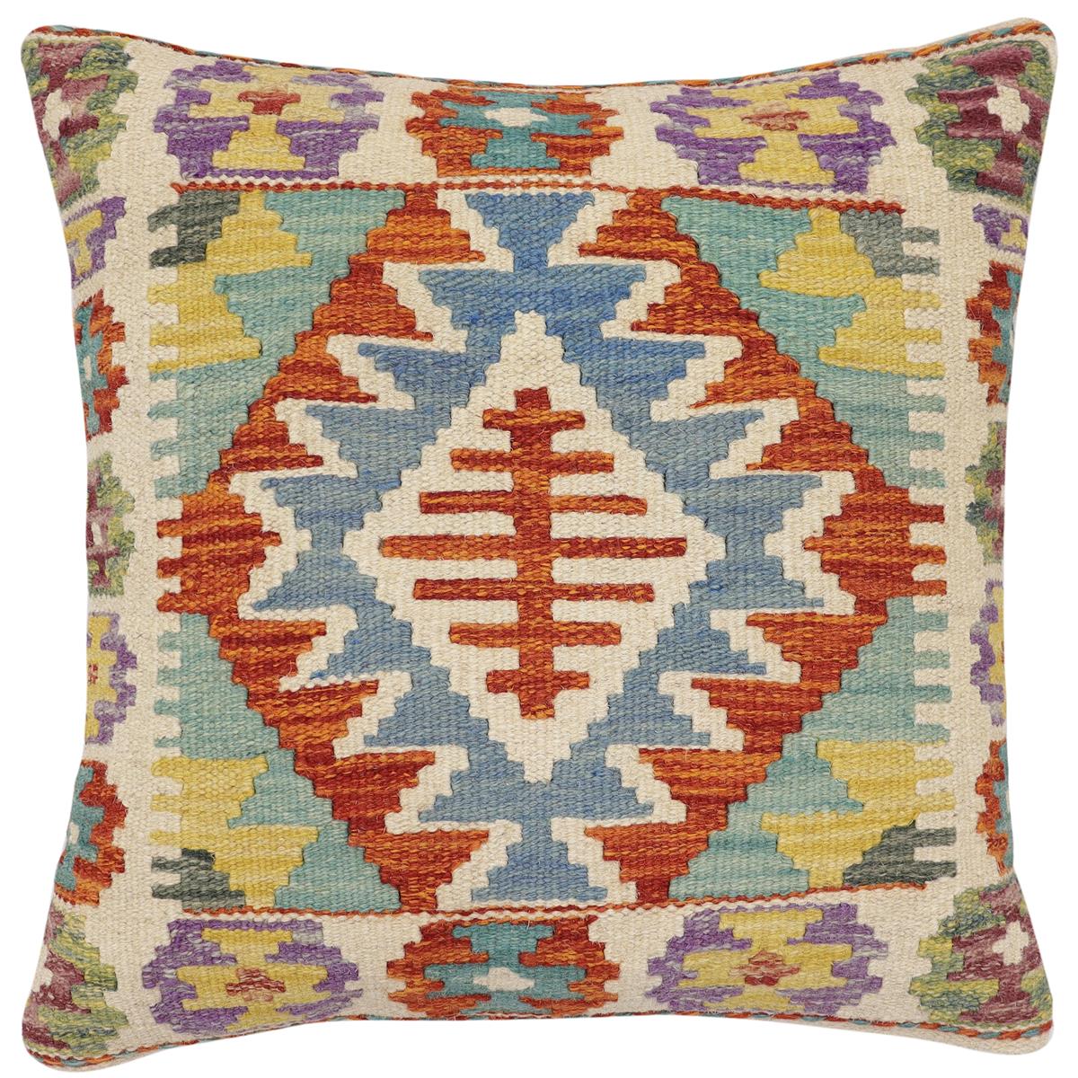 handmade Traditional Pillow Rust Blue Hand-Woven SQUARE 100% WOOL Hand woven turkish pillow2 x 2
