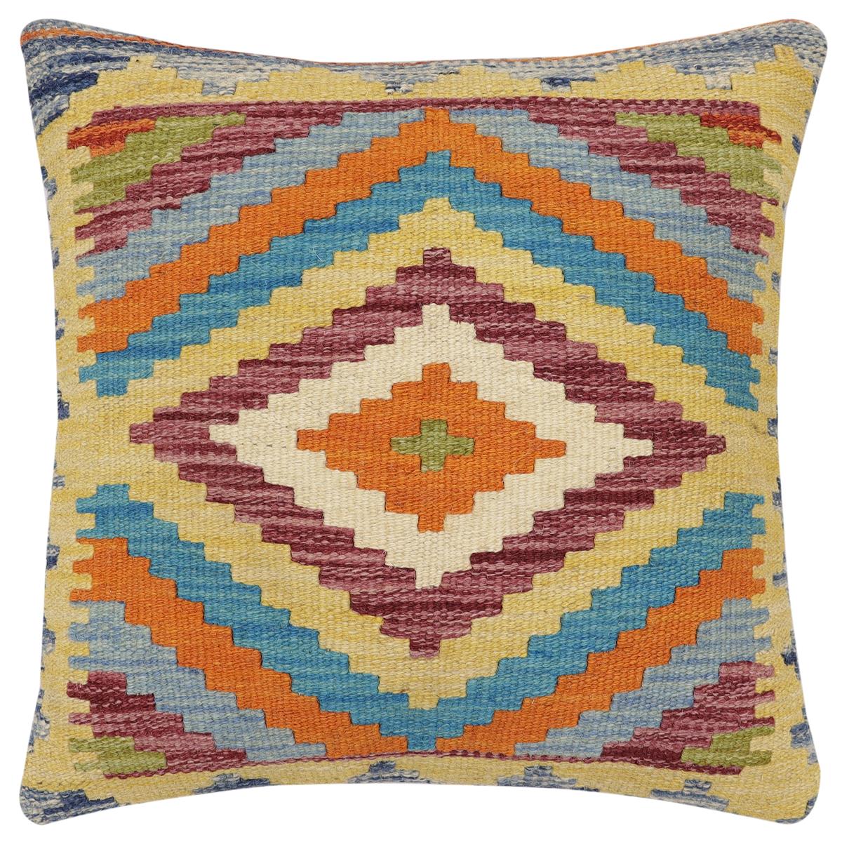 handmade Traditional Pillow Rust Blue Hand-Woven SQUARE 100% WOOL Hand woven turkish pillow2 x 2