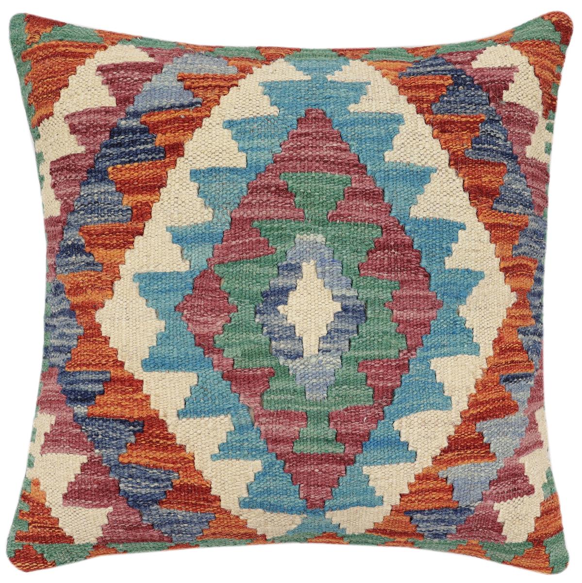 handmade Traditional Pillow Rust Blue Hand-Woven SQUARE 100% WOOL Hand woven turkish pillow2 x 2
